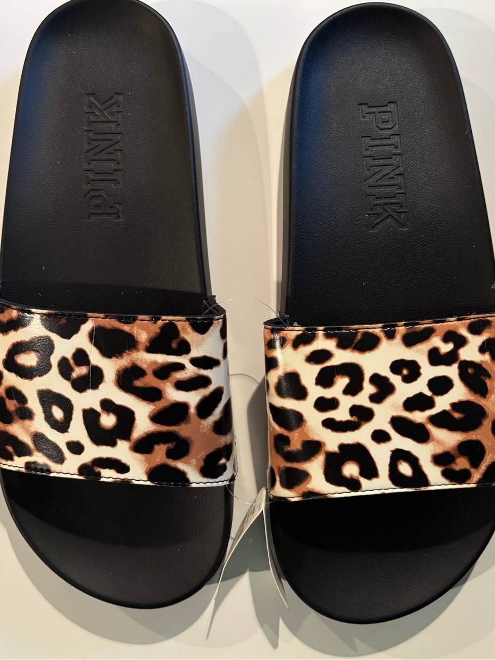 PINK Victoria's Secret Black Slides with Leopard Print Strap